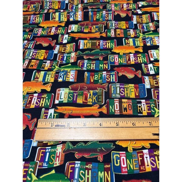 1/2 yard x 44" Lov 2 Fish Cotton Fabric with Fishing License Plate Print by AKO - Picture 3 of 4